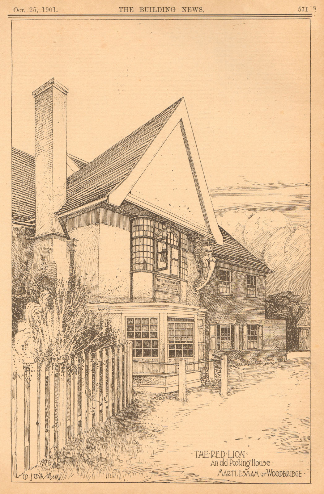 The Red Lion, an old Posting House, Martlesham, Woodbridge. Suffolk 1901 print